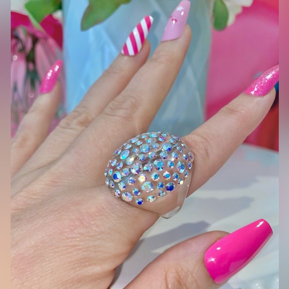Clear Acrylic Ring Embellished With Aurora borealis Swarovski Crystal stones. - Picture 12 of 12